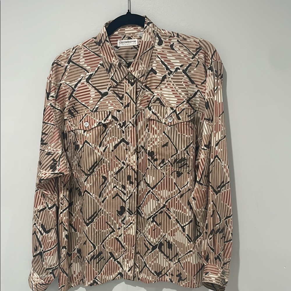 Liz Claiborne Geometric Buttoned Down Blouse Brown/Black Long Sleevs Pockets 8